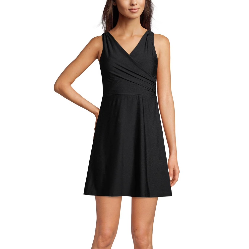 NWT Lands' End Women's Surplice Swim Dress Size L Black